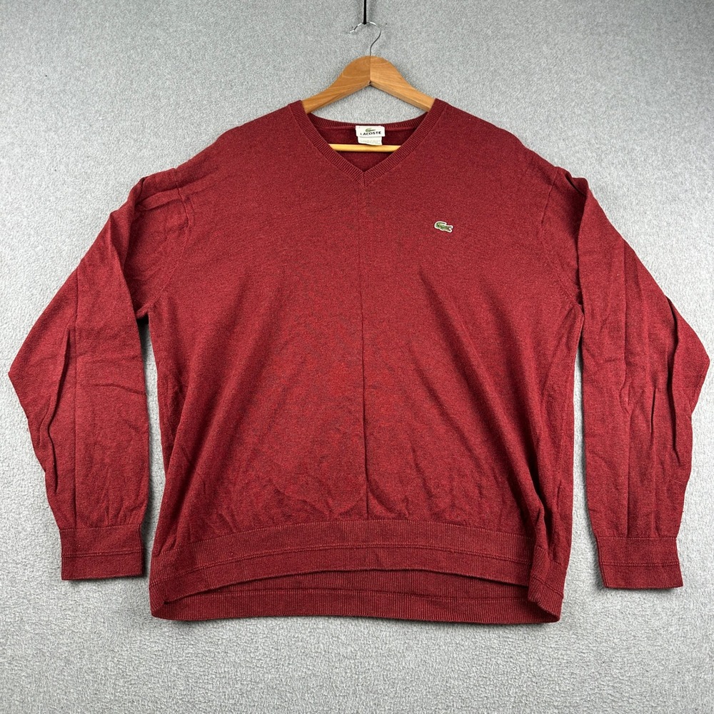 Lacoste Sweater Mens 7 Cashmere‎ Cotton V-Neck Red Pullover AH8551